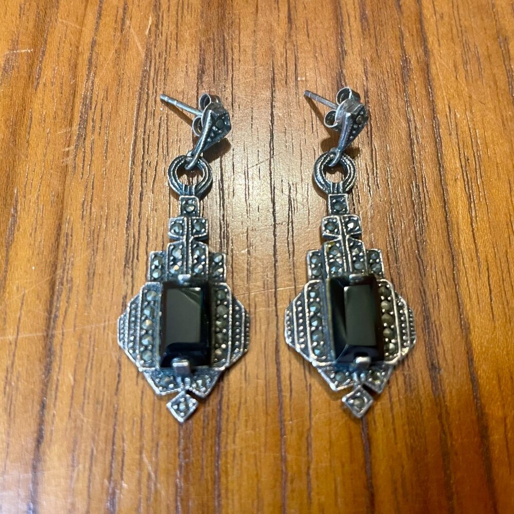 Vintage Sterling Silver 925 Malachite & Onyx Art Deco Dangle Earrings